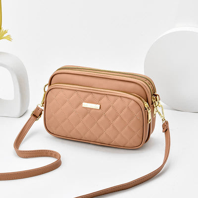 Triple Zip Crossbody Bag Quilted Leather Shoulder Purse for Women