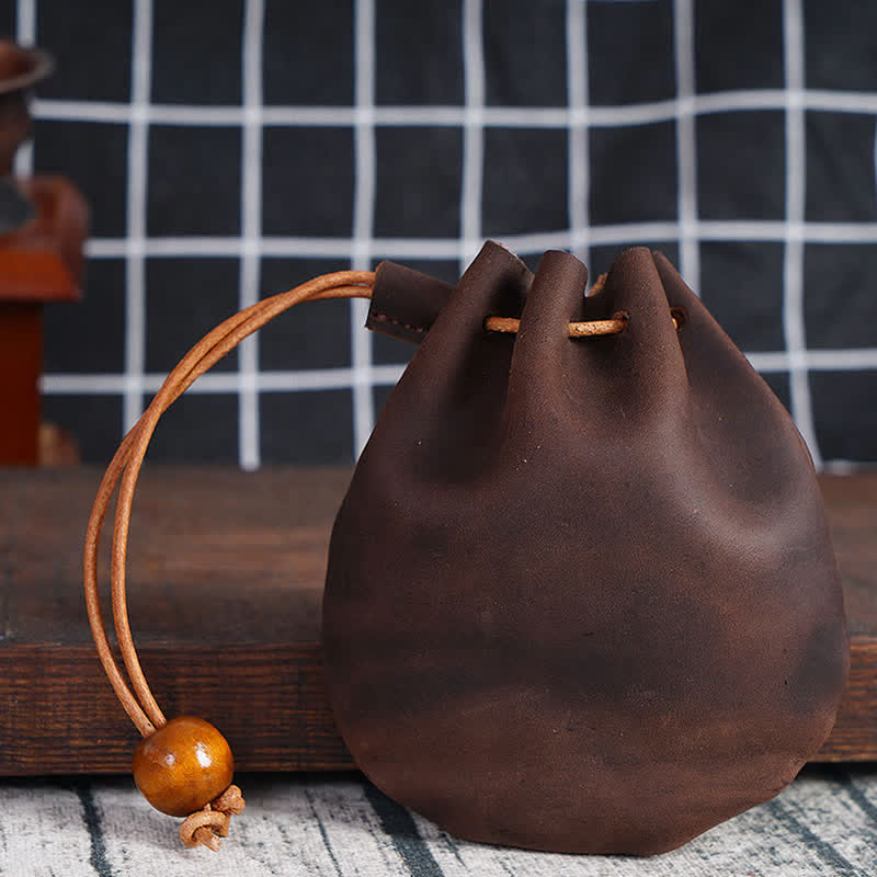 Leather Drawstring Pouch Retro Coin Purse Wallet for Women Men