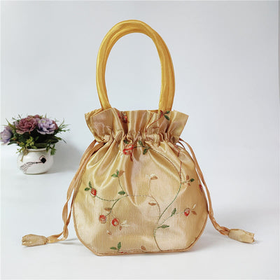 Embroidery Floral Clutch Drawstring Bucket Bag Handbag Party Bag