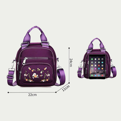 Multi-Compartment Waterproof Embroidery Floral Backpack Daypack Crossbody Bag