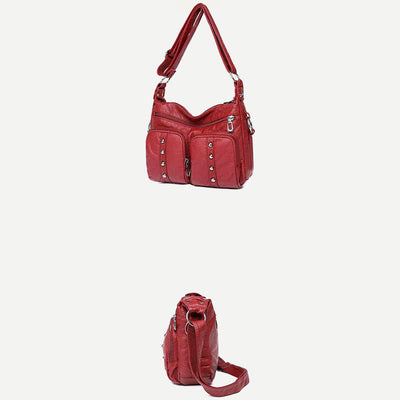 Mulit-Pocket Crossbody Purse for Women Retro Rivets Leather Shoulder Handbag