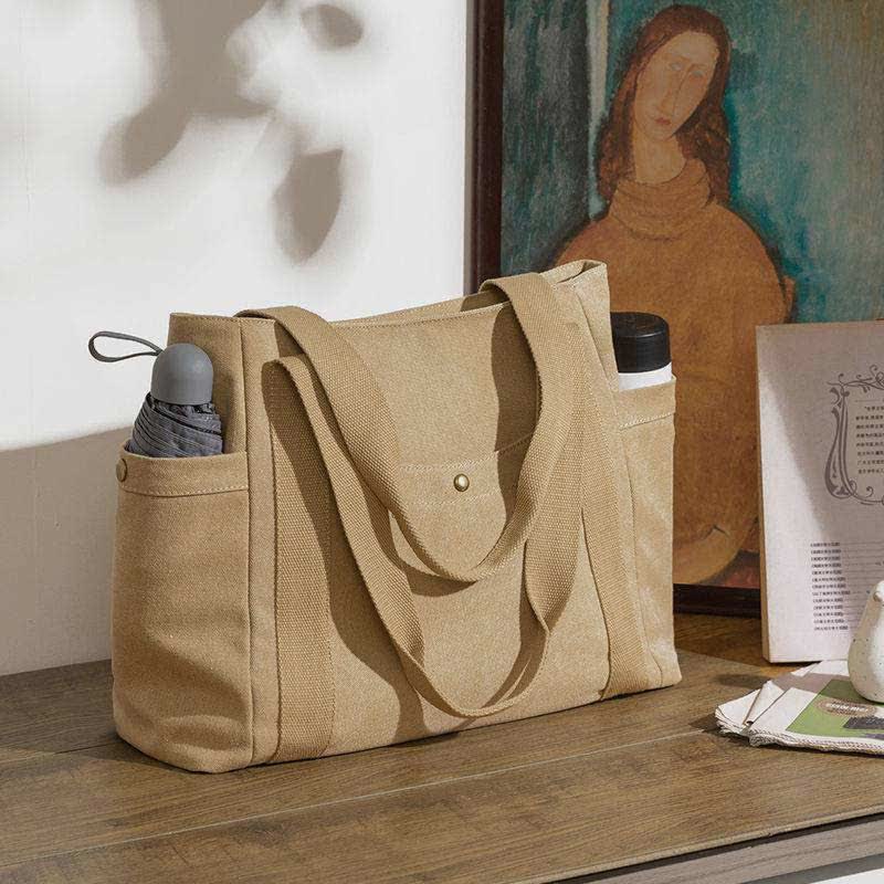 Large Capacity Canvas Shoulder Tote Bag Multiple Pocket Handbag Shopping Bag