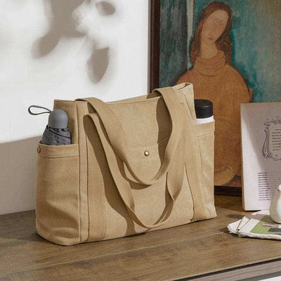 Large Capacity Canvas Shoulder Tote Bag Multiple Pocket Handbag Shopping Bag