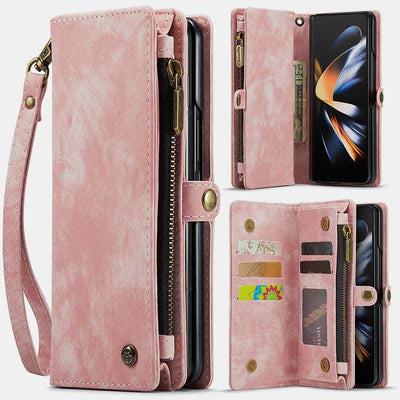 Durable Leather Magnetic Wallet Case for Z Fold 4 with Wrist Strap