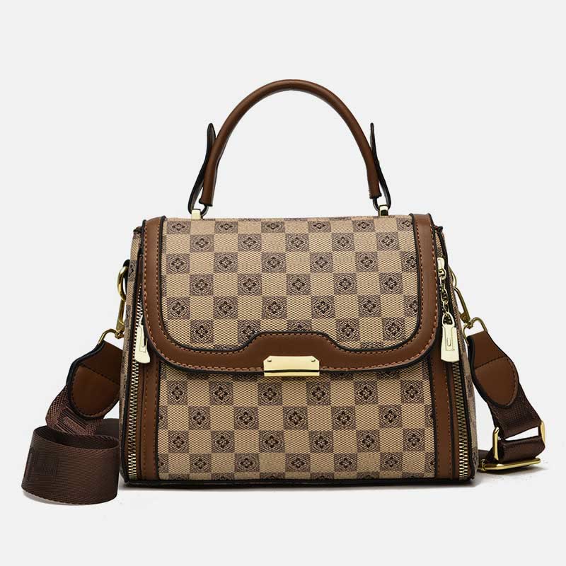 British Elegant Handbag Women Checkerboard Pattern Crossbody Leather Purse
