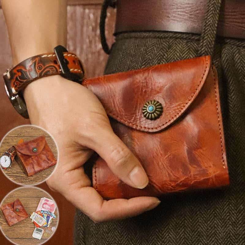 Retro Bifold Wallet Pouch for Women Men Cowhide Leather Small Coin Purse