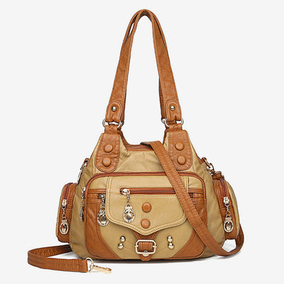 Large Shoulder Bag Women Double Compartment Leather Stitching Crossbody Purse