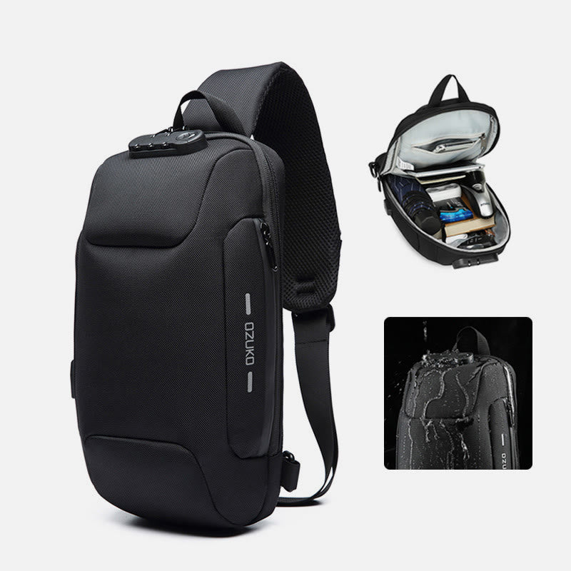 Multi-Pocket Fashion Sling Bag Chest Bag with Passport Lock USB Charging Port
