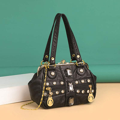 Retro Double Layer Kiss-Lock Shoulder Handbag Party Evening Purse with Crossbody Chain