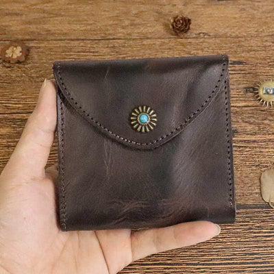 Retro Bifold Wallet Pouch for Women Men Cowhide Leather Small Coin Purse