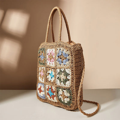 Floral Pattern Summer Handbag Straw Handwoven Shoulder Bag Crossbody Purses