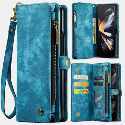 Durable Leather Magnetic Wallet Case for Z Fold 4 with Wrist Strap