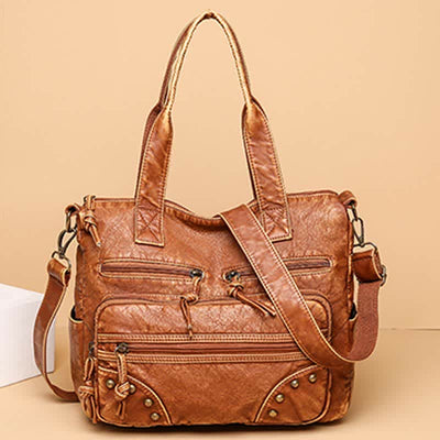 Retro Faux Leather Tote Handbag for Women Shoulder Bag with Crossbody Strap