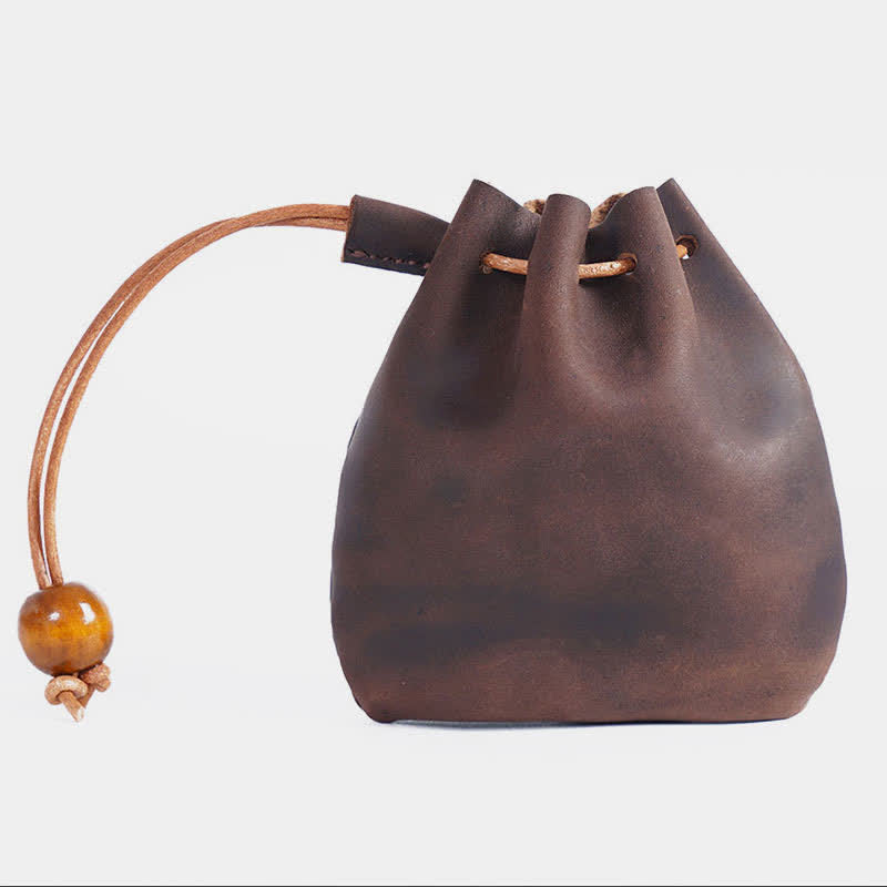 Leather Drawstring Pouch Retro Coin Purse Wallet for Women Men