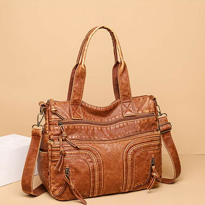 Retro Faux Leather Tote Handbag for Women Shoulder Bag with Crossbody Strap