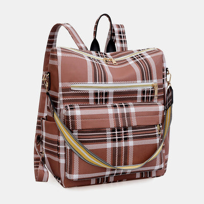 Multifunciton Casual Women Rucksack Daypack Leather Plaid Backpack With Shoulder Strap