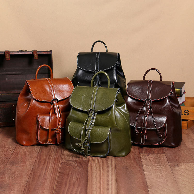 Classic Daypack For Women Outing Drawstring Clamshell Leather Backpack