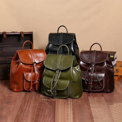 Classic Daypack For Women Outing Drawstring Clamshell Leather Backpack