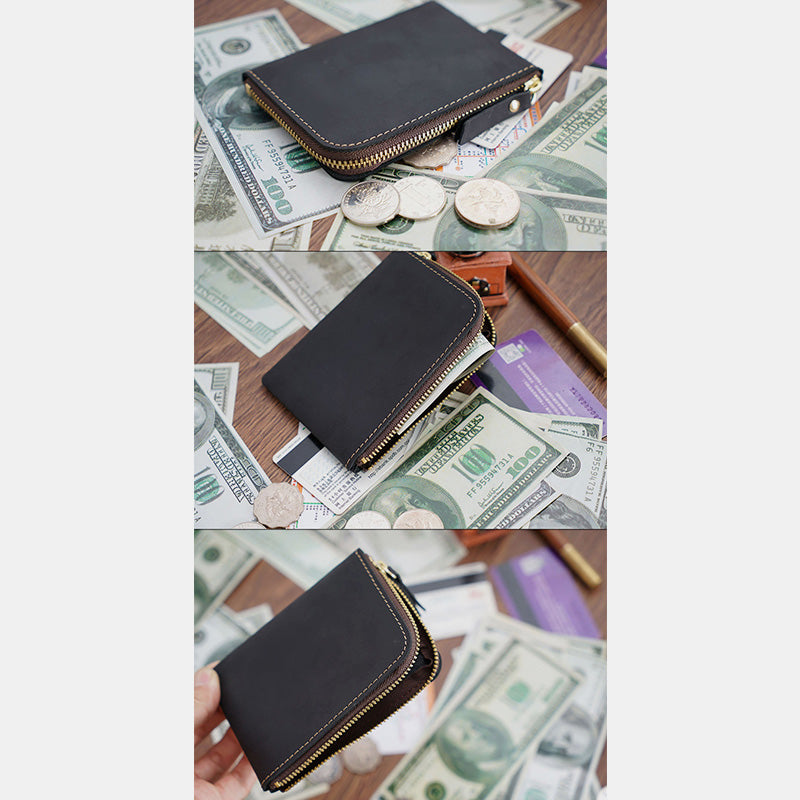 Vintage Genuine Leather Slim Zip Wallet Crazy Horse Leather Coin Purse