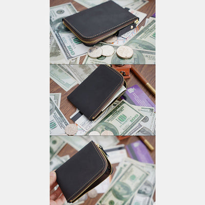 Vintage Genuine Leather Slim Zip Wallet Crazy Horse Leather Coin Purse