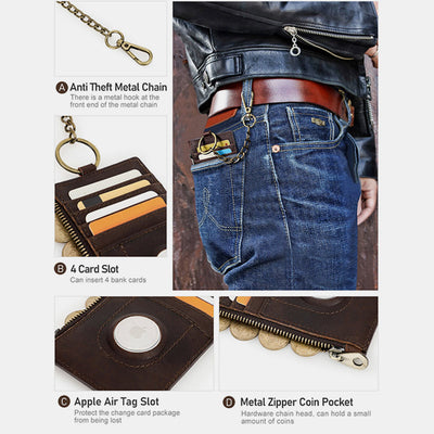 RFID Blocking Genuine Leather Airtag Card Holder Wallet With Chain
