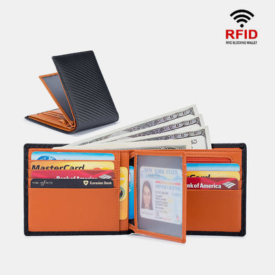RFID Multi-Slot Embossing Genuine Leather Thir-Fold Super Slim Short Wallet