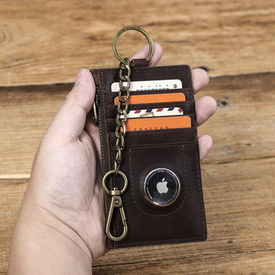 RFID Blocking Genuine Leather Airtag Card Holder Wallet With Chain