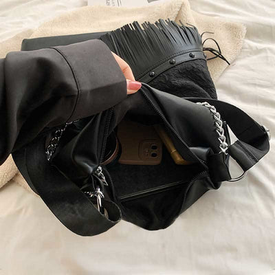 Rivet Tote Bag Women Large Capacity Motorcycle Tassel Chain Bag