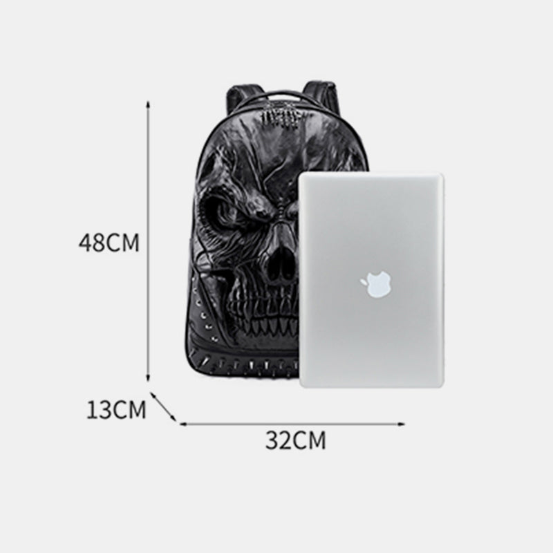 3D Skull Punk Rivet Leather Backpack Waterproof Embossed Ghost Head Knapsack