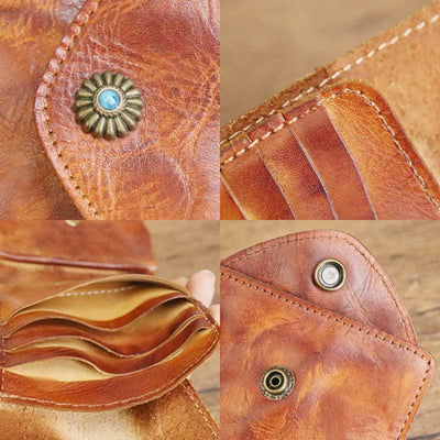 Retro Bifold Wallet Pouch for Women Men Cowhide Leather Small Coin Purse