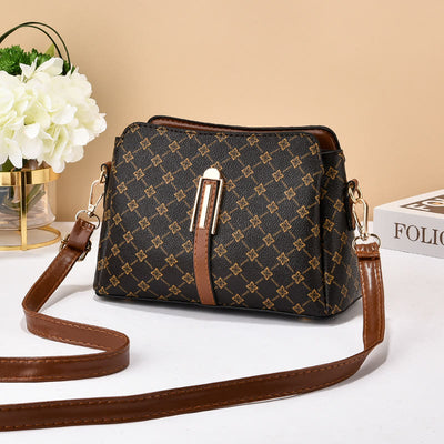 Triple Compartment Plaid Satchel Women Leather Chic Crossbody Bag