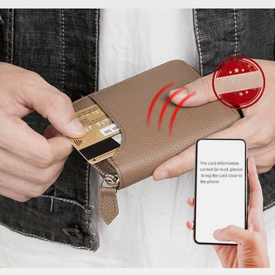 RFID Blocking Small Compact Zip Around Wallet Genuine Leather Coin Purse