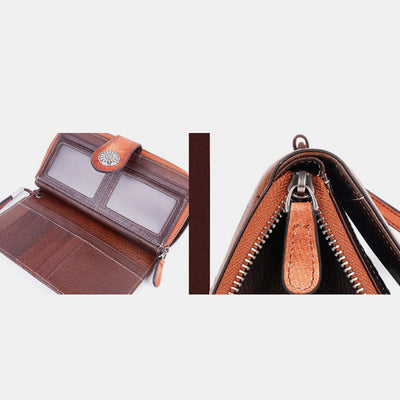 Genuine Leather Clutch Zipper Long Cellphone Wallet Purse with Removable Wristlet