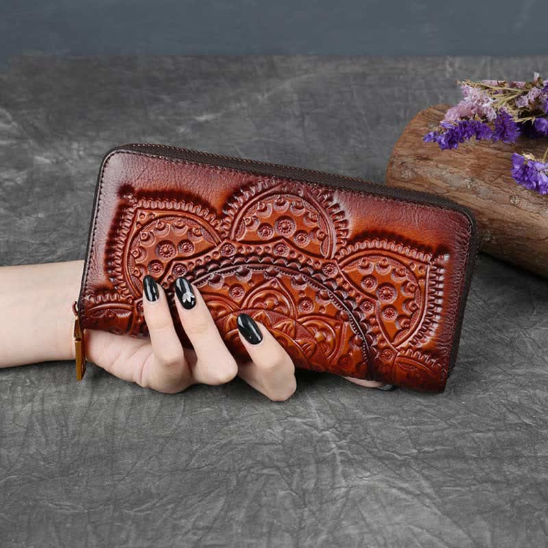 Women Genuine Leather Zip Around Embossing Wallet Large Cowhide Leather Wallet