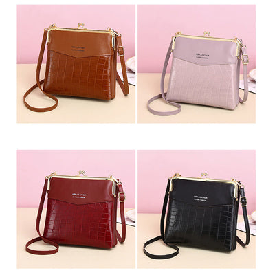 Leather Crossbody Handbag for Women Double Compartment Kiss Lock Shoulder Bag