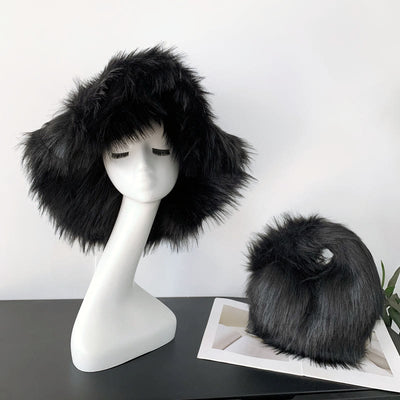Faux Fur Soft Hat Bag Set For Women Winter Dating