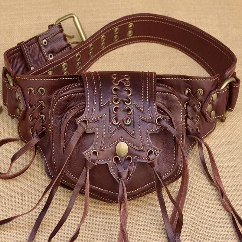 Large Leather Utility 2-Pouch Handmade Practical Tassel Waist Belt Bag