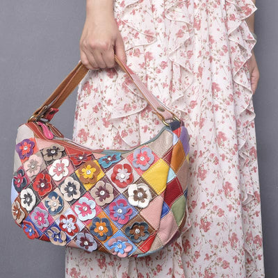 Multi-Color Floral Genuine Leather Boston Bag Hobo Tote Handbag Crossbody Bag