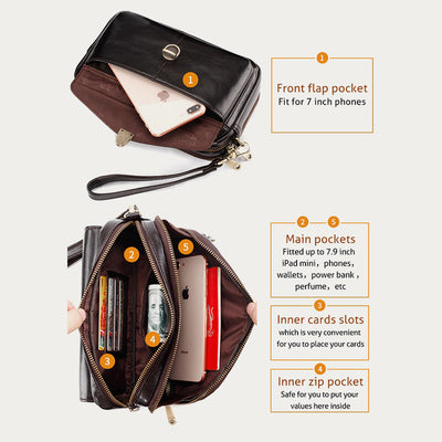Real Leather Clutch Purse Business Handbag Wrist Bag Fit 7.9" Cellphone