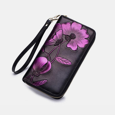 RFID Genuine Leather Vintage Floral Embossing Wallet