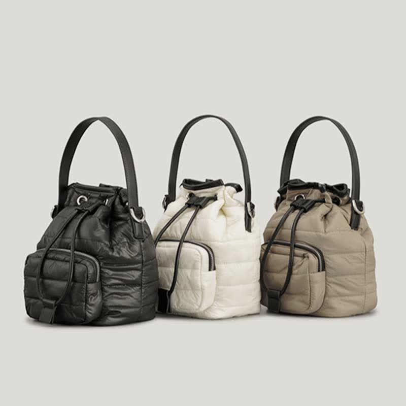 Puffer Drawstring Bucket Bag for Women Down Satchel Quilted Shoulder Bag
