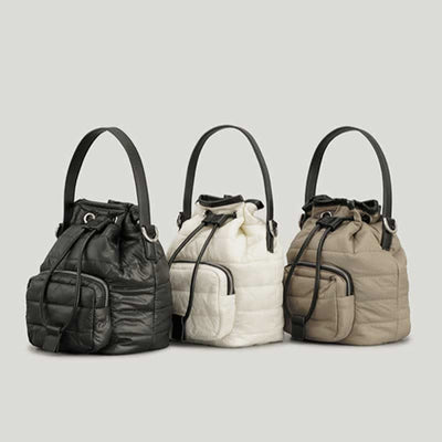 Puffer Drawstring Bucket Bag for Women Down Satchel Quilted Shoulder Bag