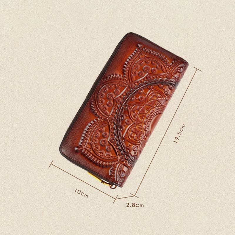 Women Genuine Leather Zip Around Embossing Wallet Large Cowhide Leather Wallet