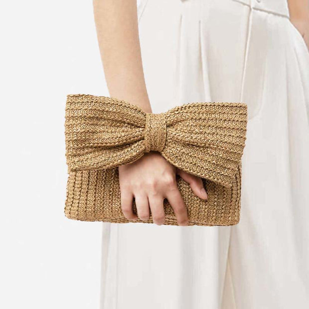 Bowknot Straw Woven Clutch for Women Beach Party Handbag Purse