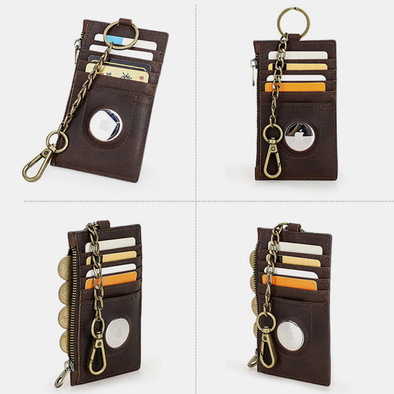 RFID Blocking Genuine Leather Airtag Card Holder Wallet With Chain