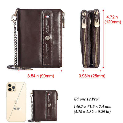 Mens Wallet with Chain Leather Bifold Wallet with Double Zipper Pocket