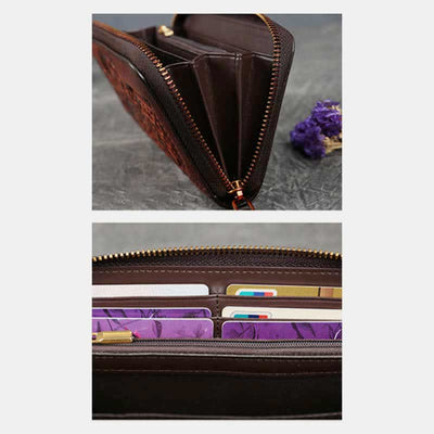 Women Genuine Leather Zip Around Embossing Wallet Large Cowhide Leather Wallet
