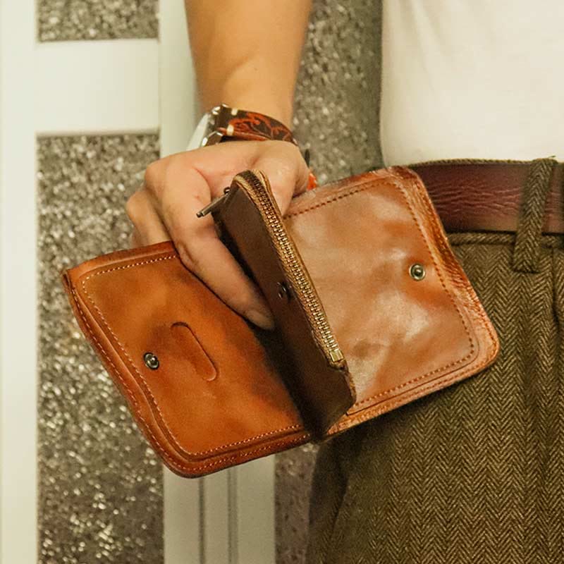 Leather Wallet For Men Double Folding Vintage Short Zipper Purse