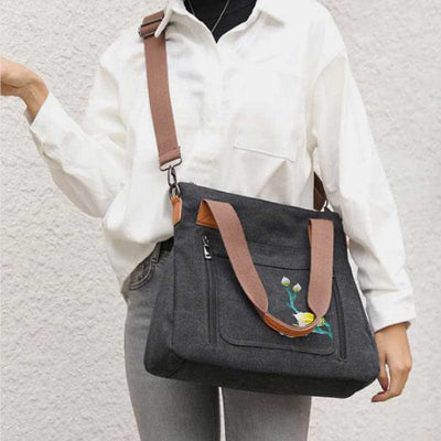 Floral Print Canvas Handbag for Women Top Handle Satchel Crossbody Bag