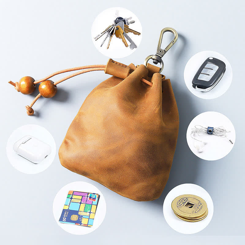 Vintage Coin Purse Genuine Leather Pouch Wallet Drawstring Storage Bag